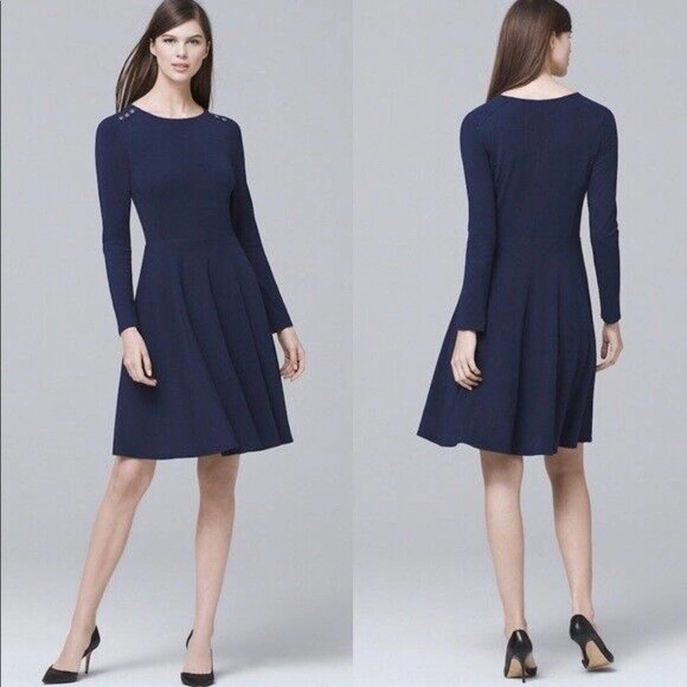 White House Black Market Knit A-Line Dress Size 2 Officer Blue Long Sleeve NEW